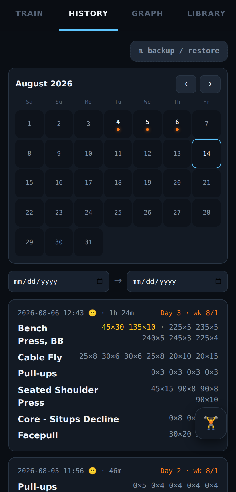 History calendar with training days marked
